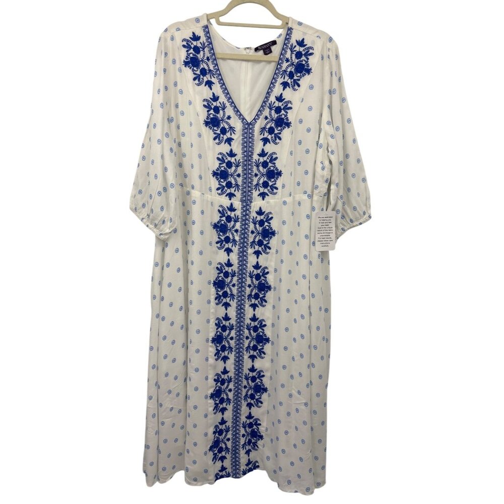 Roaman's Embroidered V-Neck Blouson Sleeve Midi Dress - Picture 2 of 7